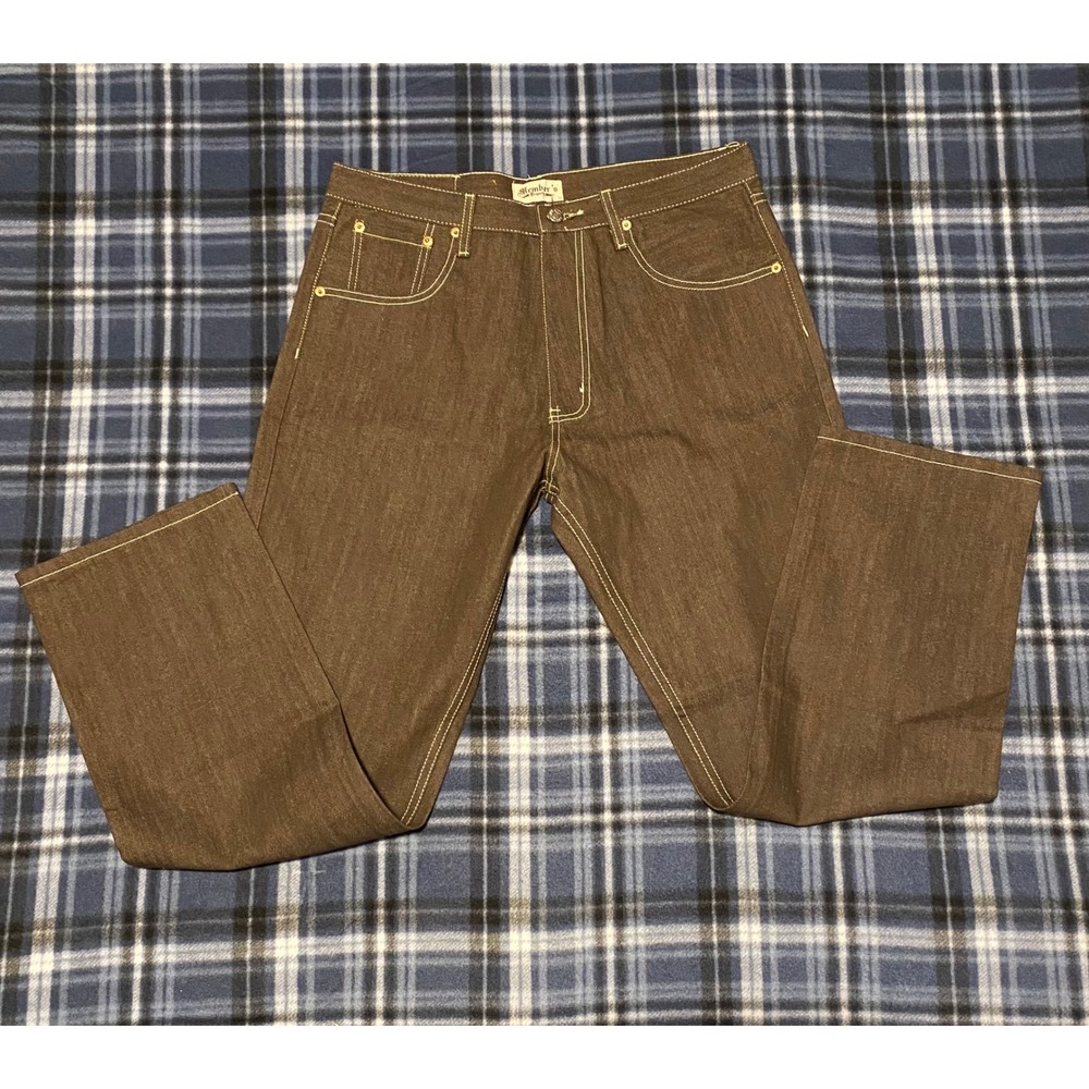 Members Property‎ Mens Brown Denim Jeans Straight Leg Contrast Stitch W34 L32